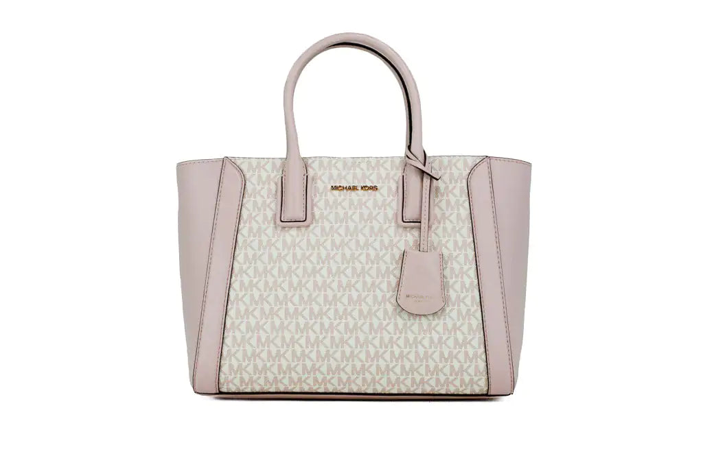 Michael Kors Kali Medium Optic White Rose Gold Signature PVC Satchel iPad Case Handbag