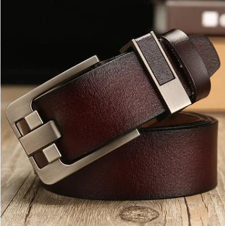 Vintage Leather Belt with Alloy Buckle (Double Layer)