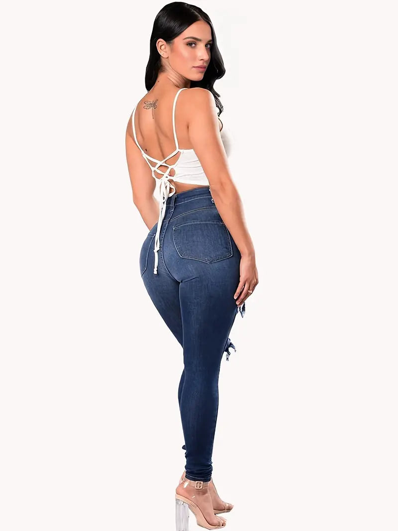Blue Ripped Skinny Jeans with Distressed High Waist