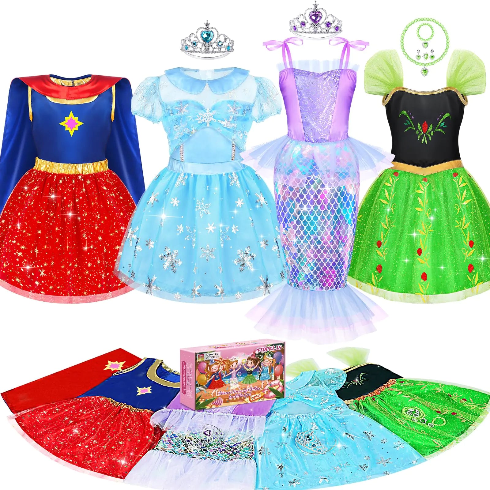 STOPKLAS Princess Dress Up Clothes for Little Girls 16 PCS Princess Costumes Set for Girls 3 6 Kids Dress Up Pretend Play Toys Gifts for Toddlers Mermaid Princess Dress Up Kit with Accessories