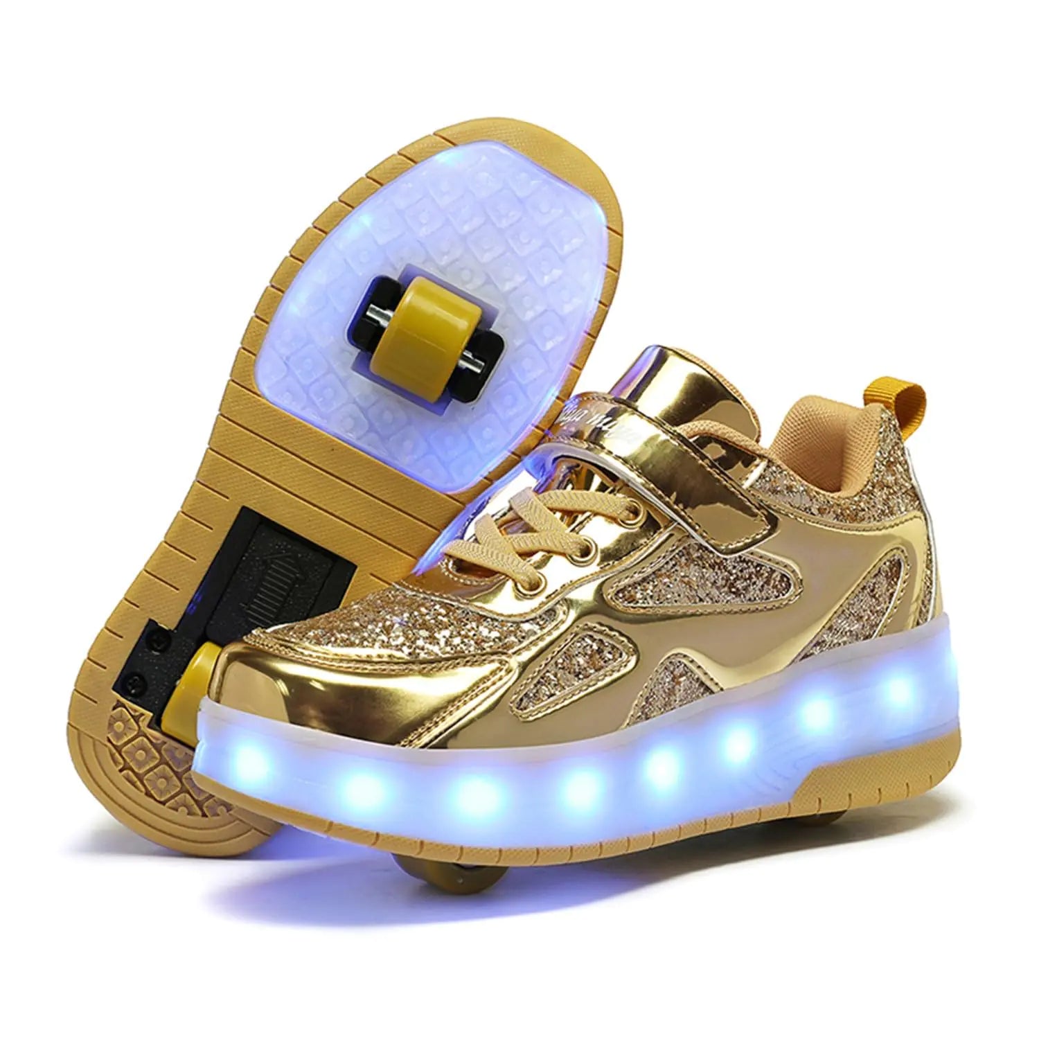 BFOEL Roller Skates Light up Shoes with USB Chargable Removable Roller Shoes Led Sport Sneaker for Boys Girls Kids(13 Little Kid Gold 31)