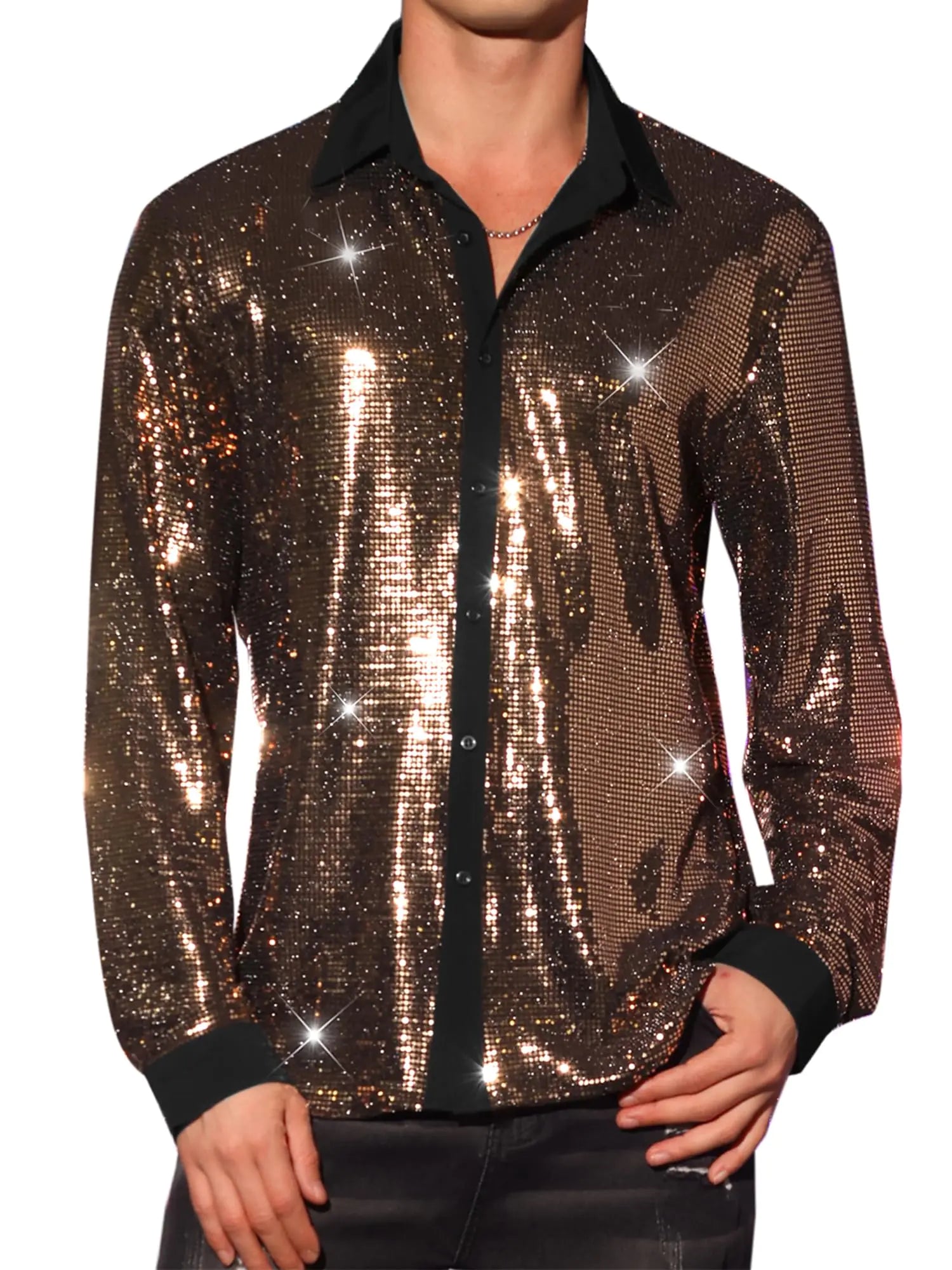 Lars Amadeus Champagne Sequin Shirt for Mens Long Sleeves Button Down Disco Party Metallic Shiny Shirts X-Large Champagne