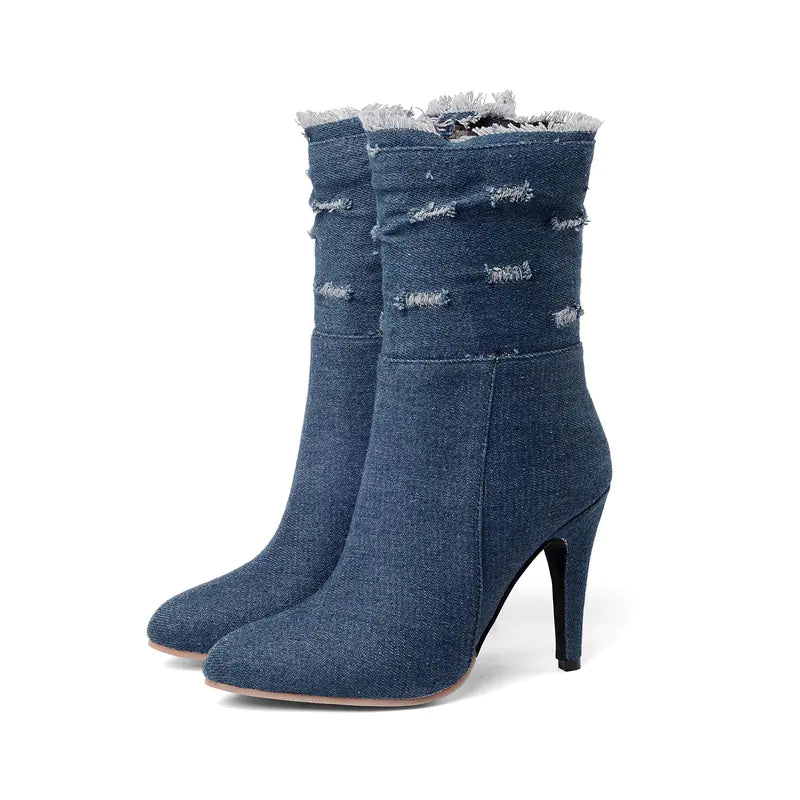 Pointed Toe High Heel Ripped Women's Denim Ankle Boots