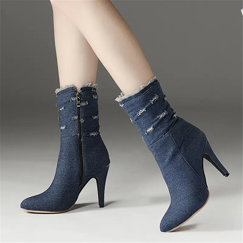 Pointed Toe High Heel Ripped Women's Denim Ankle Boots