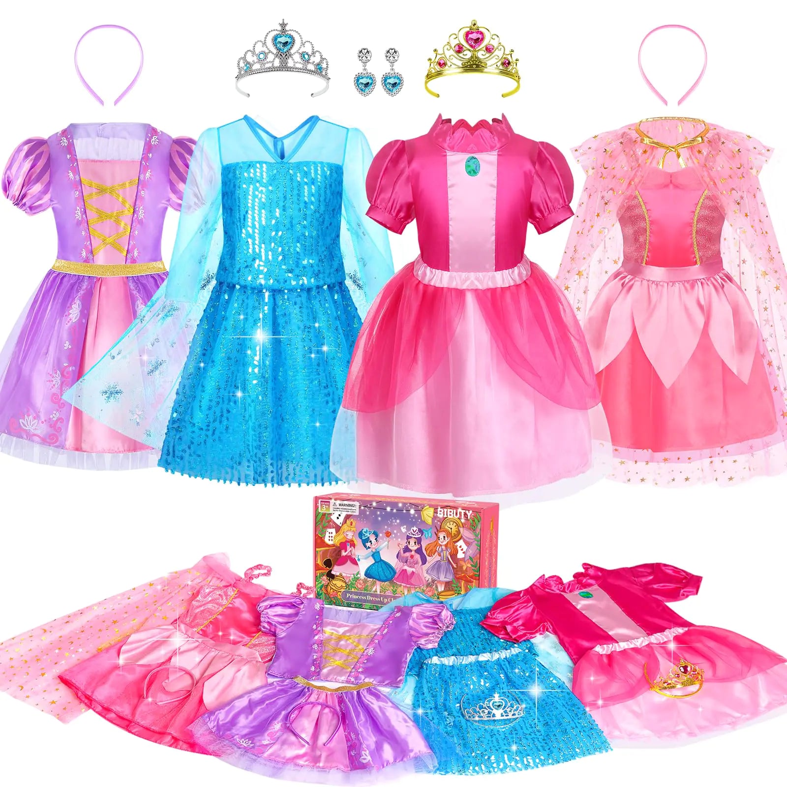 BIBUTY Princess Dress Up Clothes for Little Girls Princess Dresses for Girls Pretend Play & Dress Up Princess Costume Set with Princess Crown Cape Princess Toys Gifts for 3-6 Toddler Little Girls