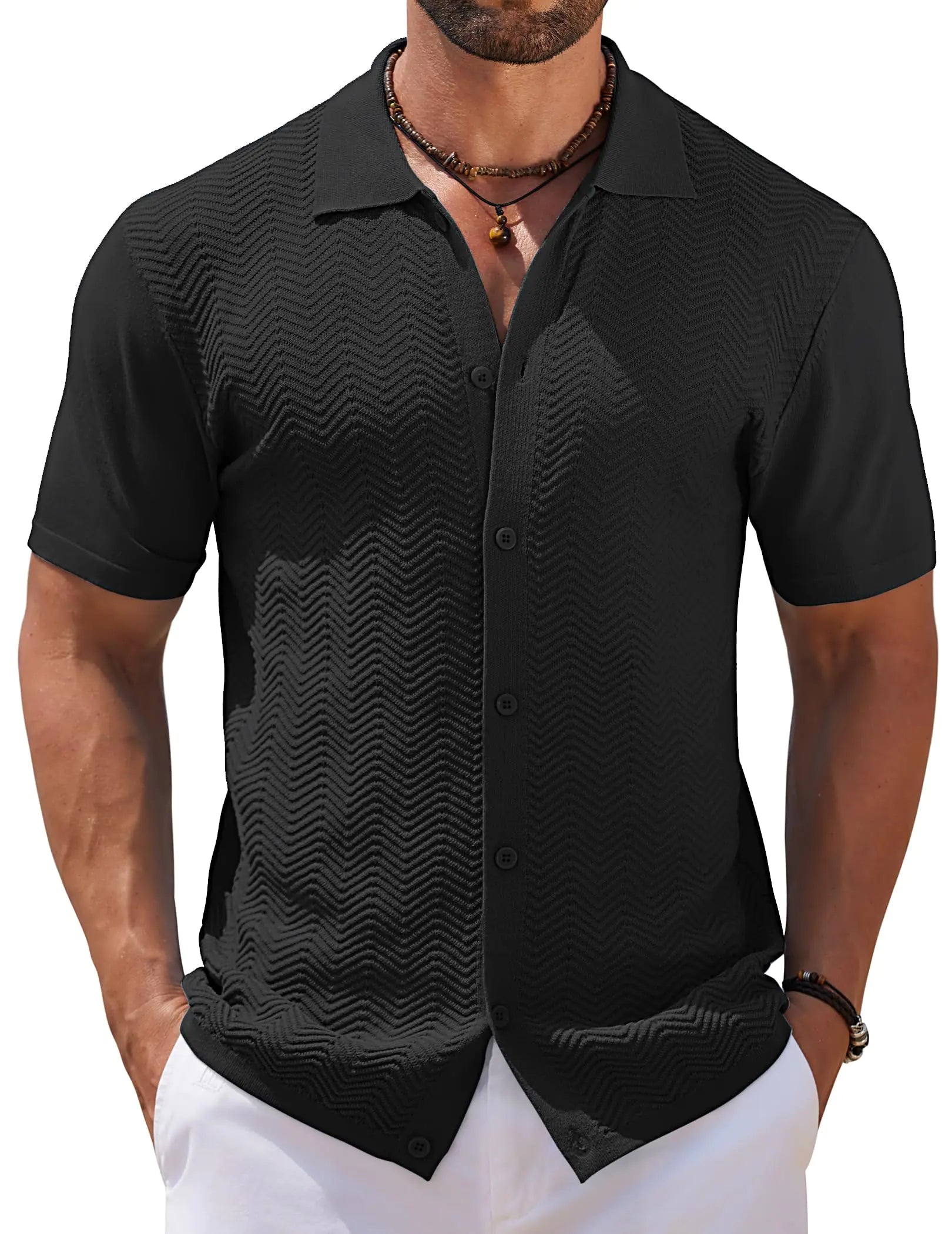COOFANDY Mens Short Sleeve Knit Polo Shirt Golf Beach Button Down Shirts Casual Summer Wedding Shirt Black
