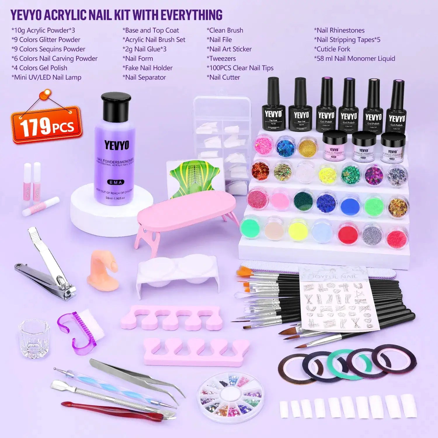 Acrylic Nail Kit With UV Light, 4 Colors Gel Polish Kit With 24 Glitter Colors Acrylic Powder Monomer Liquid