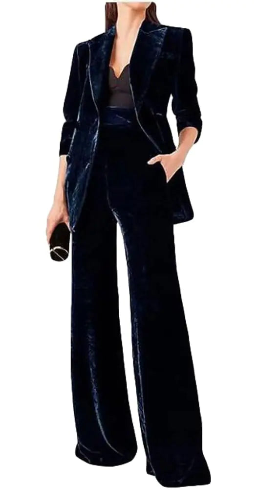 Botong Womens 2 Piece Velvet Suit Office Work Suit Notch Lapel Double Breasted Blazer Pants Business Suit Set Navy1 S
