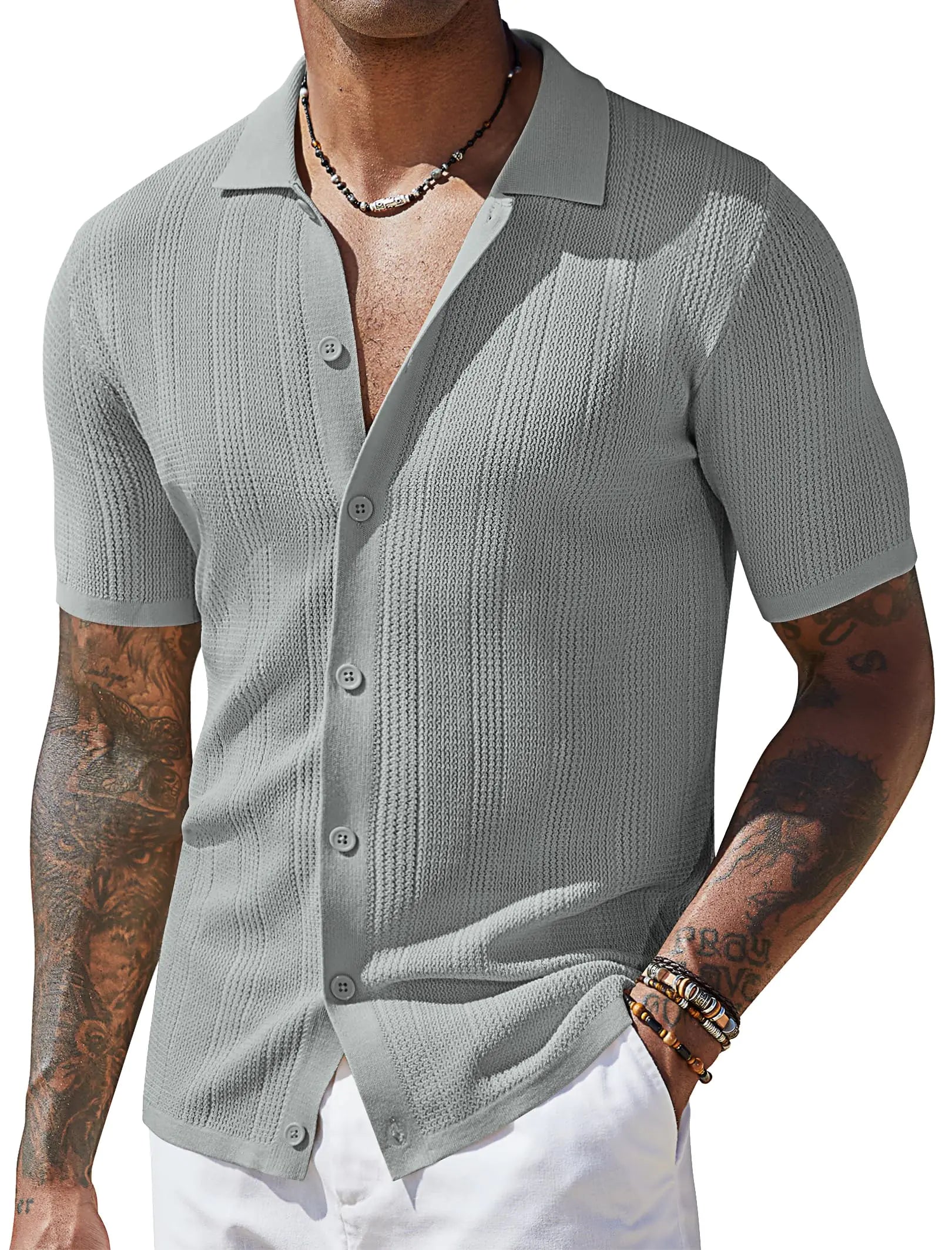 COOFANDY Mens Casual Beach Shirts Short Sleeve Knit Button Down Shirts Polo Collor Shirt Light Grey X-Large