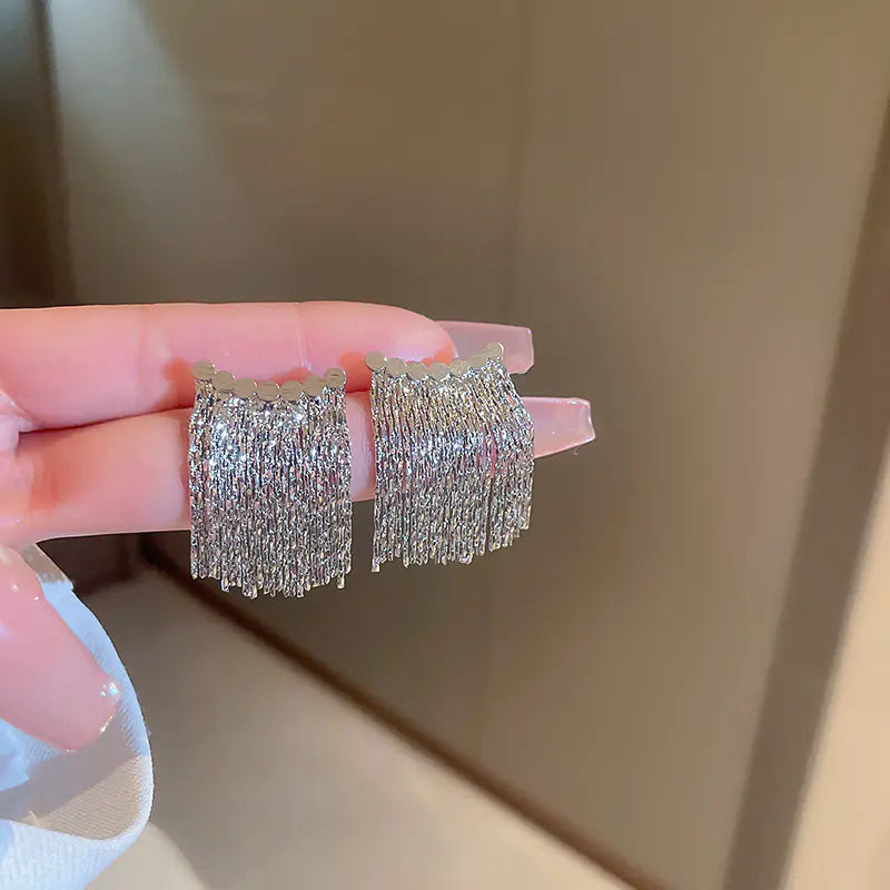 Silver Needle French Baroque Pearl Flower Tassel Earrings