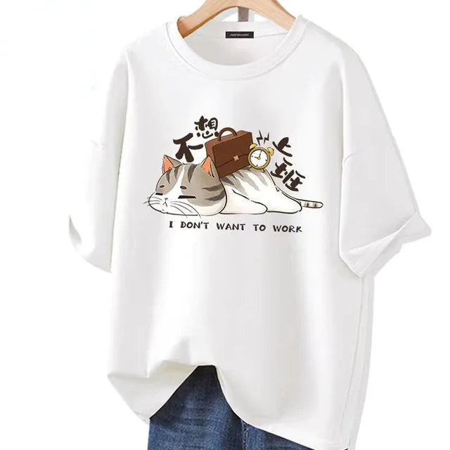 Kawaii Cat Graphic Oversized Cotton T-Shirt for Summer