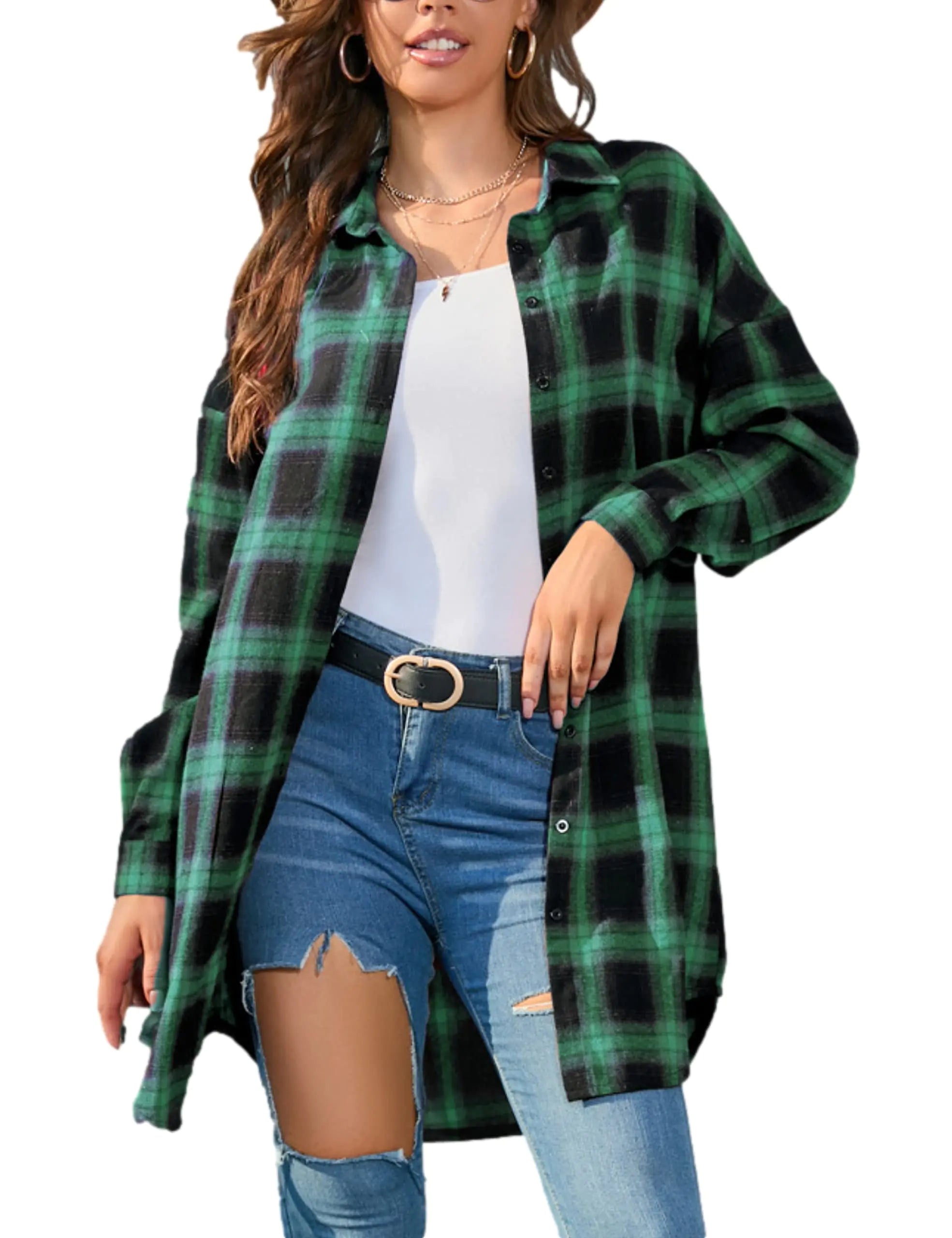 Zontroldy Womens Button Down Flannel Plaid Shirts Mid Long Casual Boyfriend Buffalo Pockets Shirt Jacket Shacket Coat(0909-Green-L)
