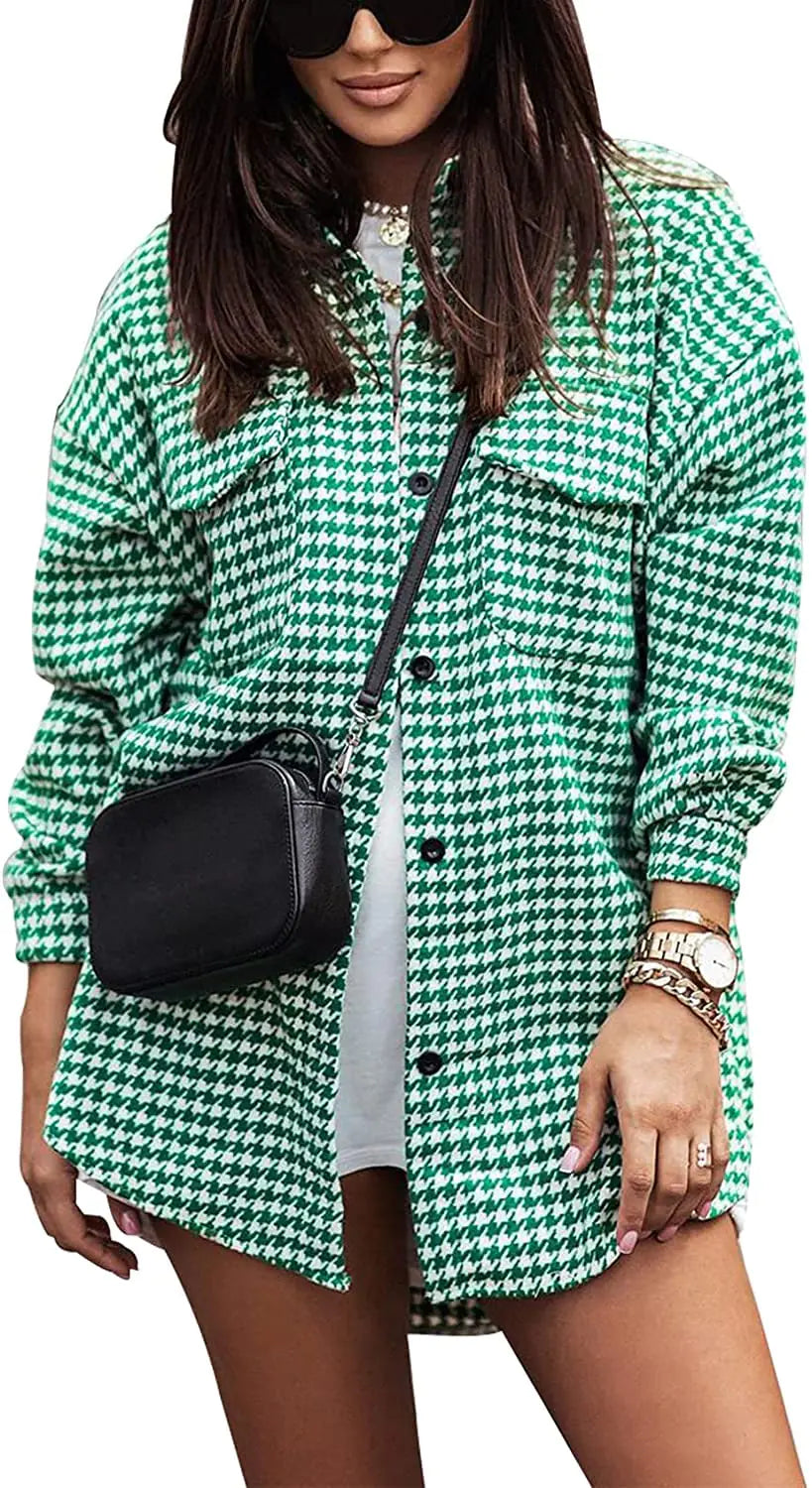 Yimoon Plaid Jacket Women Casual Houndstooth Jacket Flannel Shacket Loose Long Sleeve Shirt Button Down Shacket with Pockets(Green-Small)