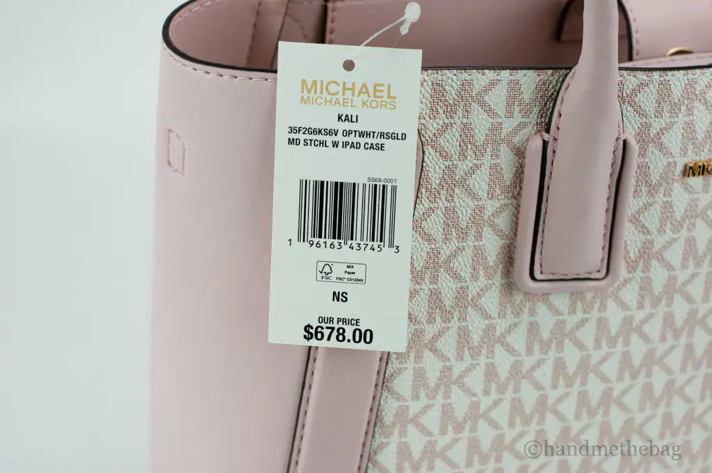 Michael Kors Kali Medium Optic White Rose Gold Signature PVC Satchel iPad Case Handbag