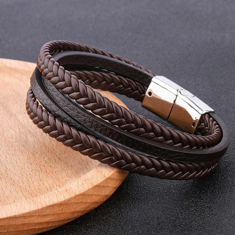 Men's Hand Braided Leather Bracelet with Magnetic Clasp