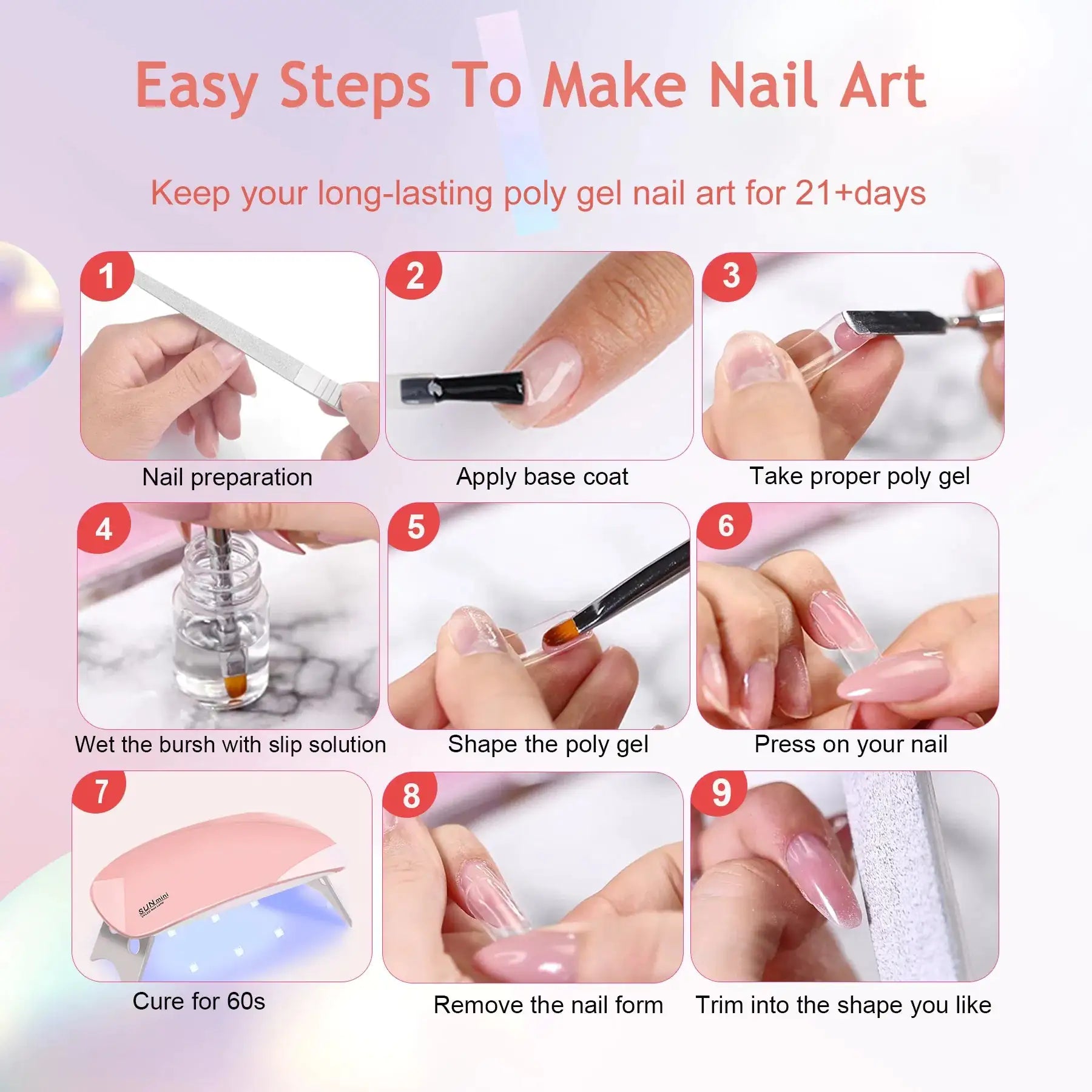 6 PCS Poly Gel Nail Kit With UV Lamp, Nail Brush And Nail Forms Top Base Coat Builder Nails Art Tools