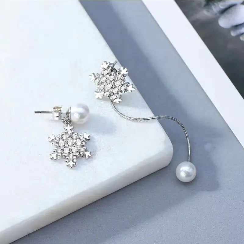 S925 Silver Korean Style Pearl Snowflake Earrings
