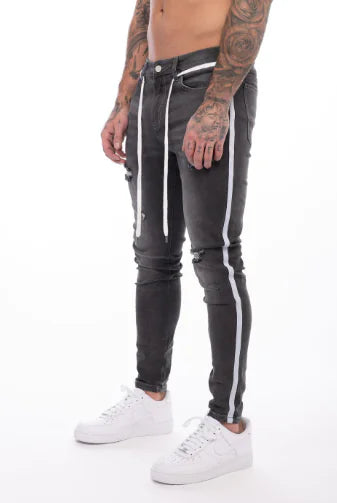 Slim-Fit Striped Men's Jeans with Holes