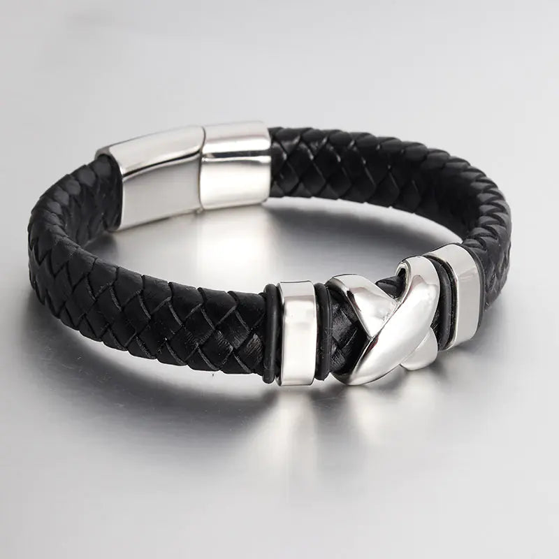 Stainless Steel Men's Leather Braided Bracelet