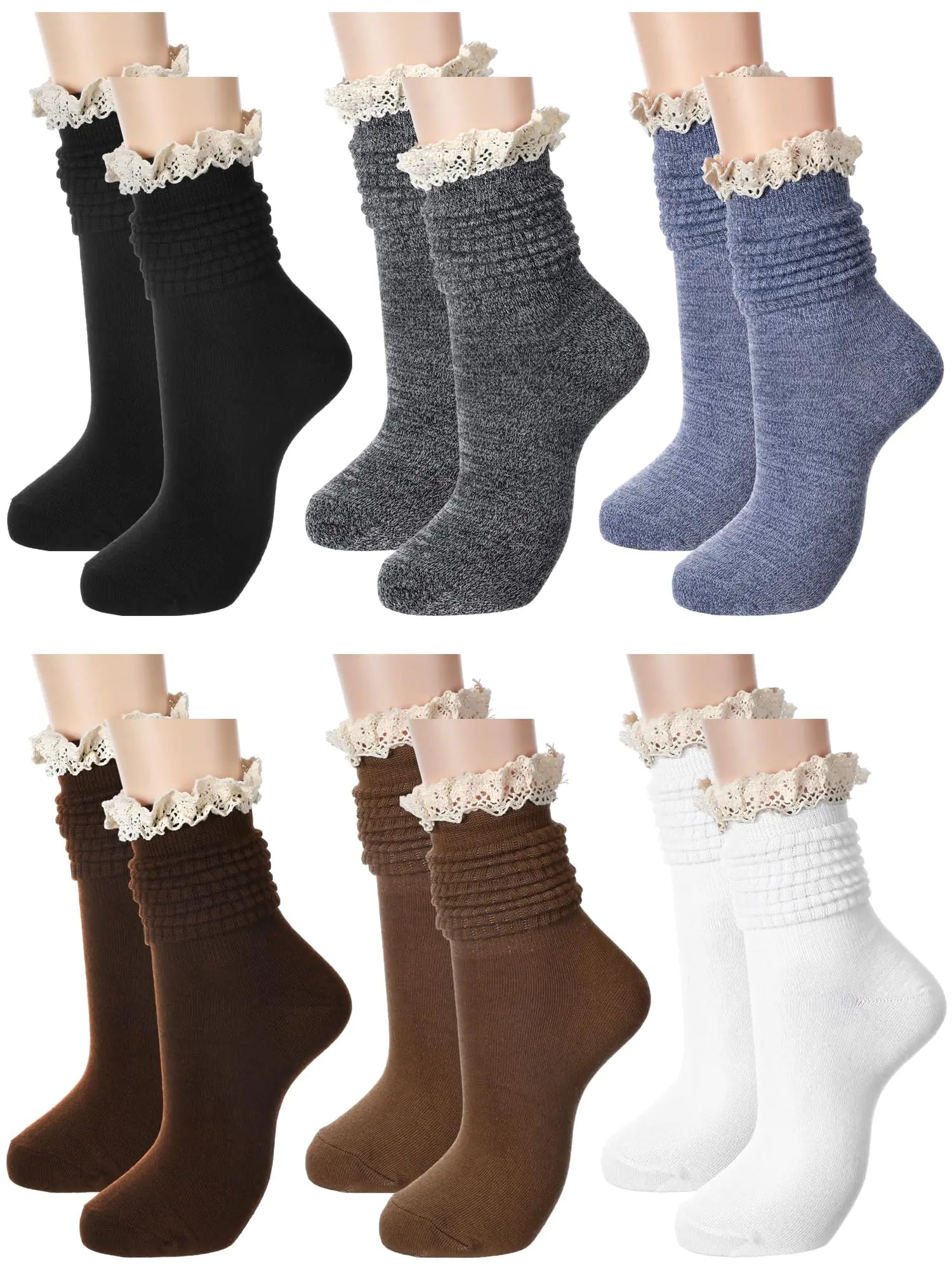 Fourluoo 6 Pairs Women Slouch Socks Ruffle Frilly Turn Cuff Socks Cotton Knit Lace Trim Knee High Scrunch Boot Socks(Multicolor)