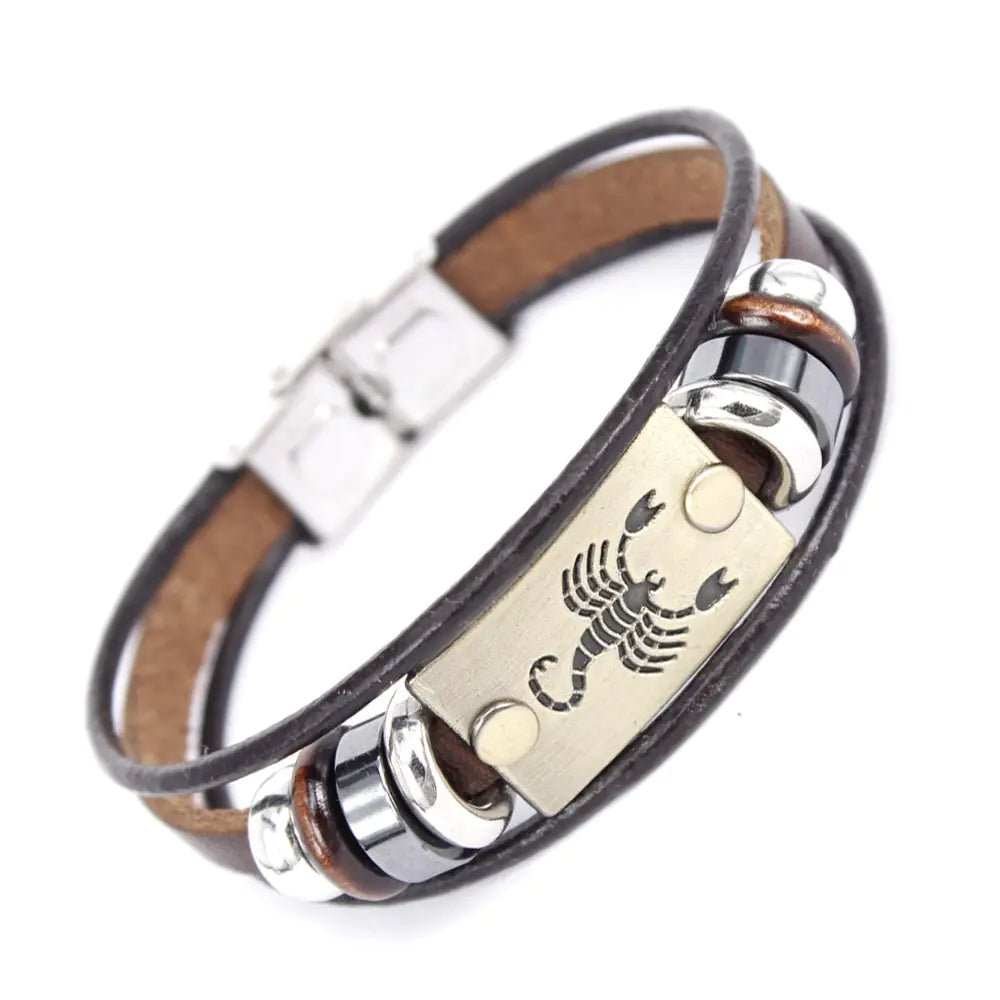 Zodiac Leather Bracelet with Stainless Steel Clasp