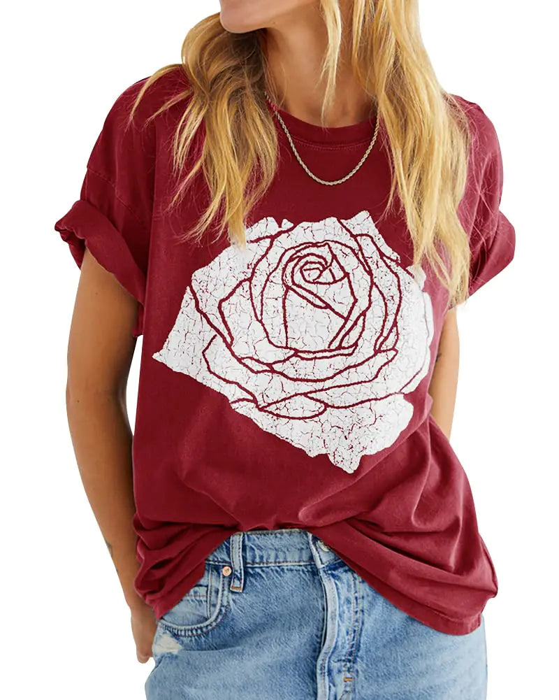Womens Rose Graphic Tee T Shirt Loose Fit Summer Short Sleeve Casual Boyfriend Crew Neck Tops