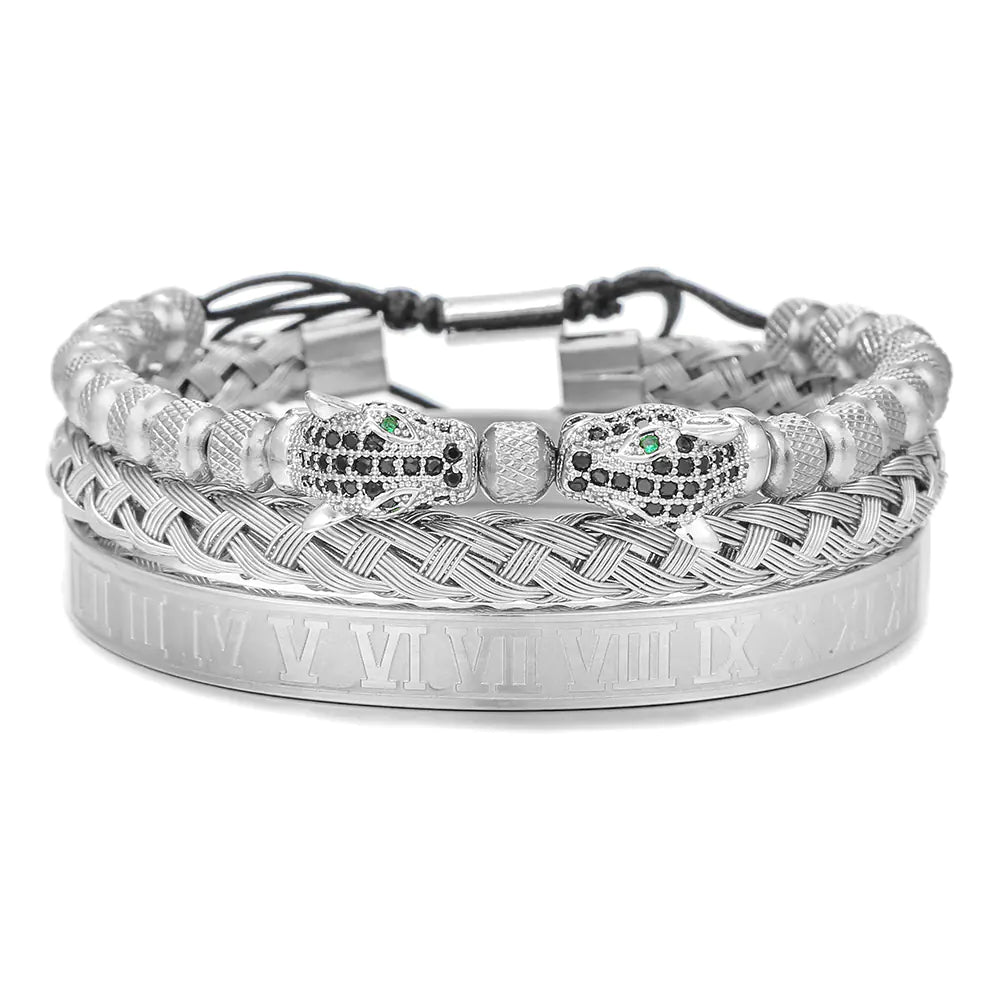 Men's Copper and Zircon Leopard Head Woven Bracelet Set