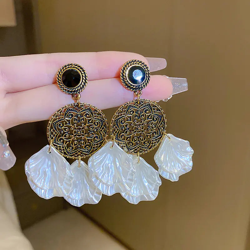 Silver Needle French Baroque Pearl Flower Tassel Earrings