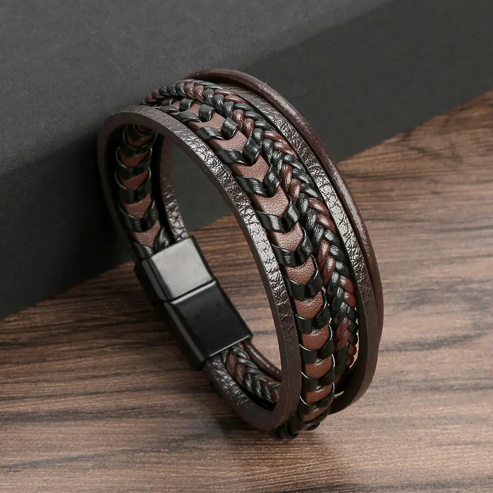 Men's Multi-Layer Leather Braided Bracelet with Magnetic Clasp