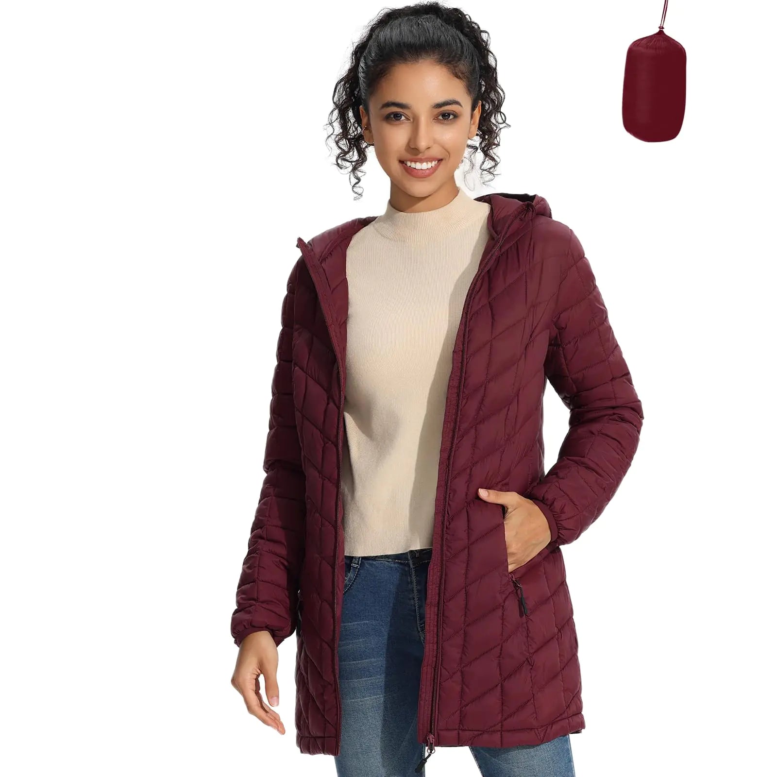 ZMC Womens Packable Puffer Jacket Water-Resistant Hooded Puffer Jacket Lightweight Mid-Length Winter Puffer Coat(wineredM)