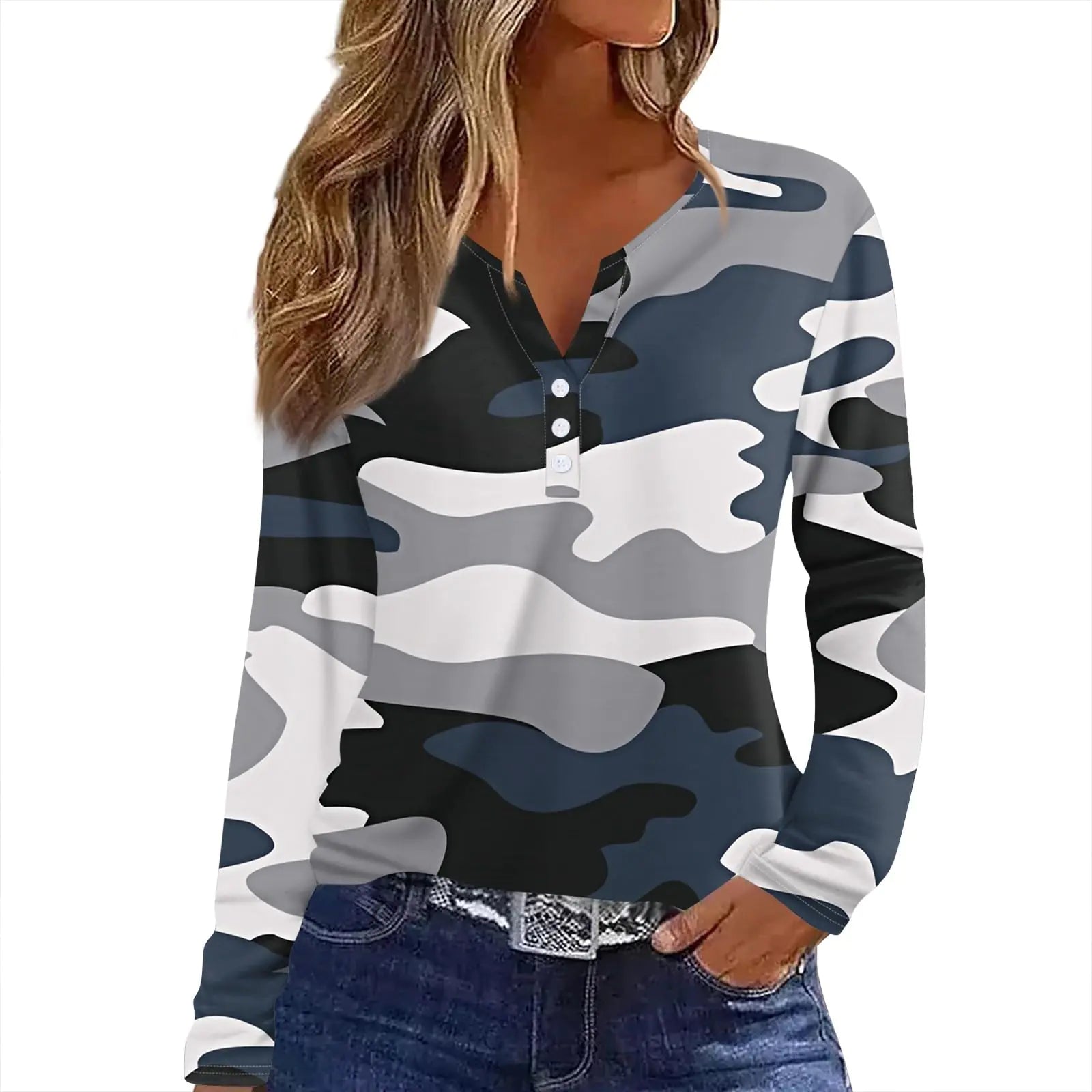 Womens Long Sleeve T Shirts Fall Camo Shirt Graphic Notched V Neck Casual Dressy Blouses Button Workout Tunic Tops Hunting Camouflage Shirts Button Down Shirts for Women 2024 Dark Blue Small