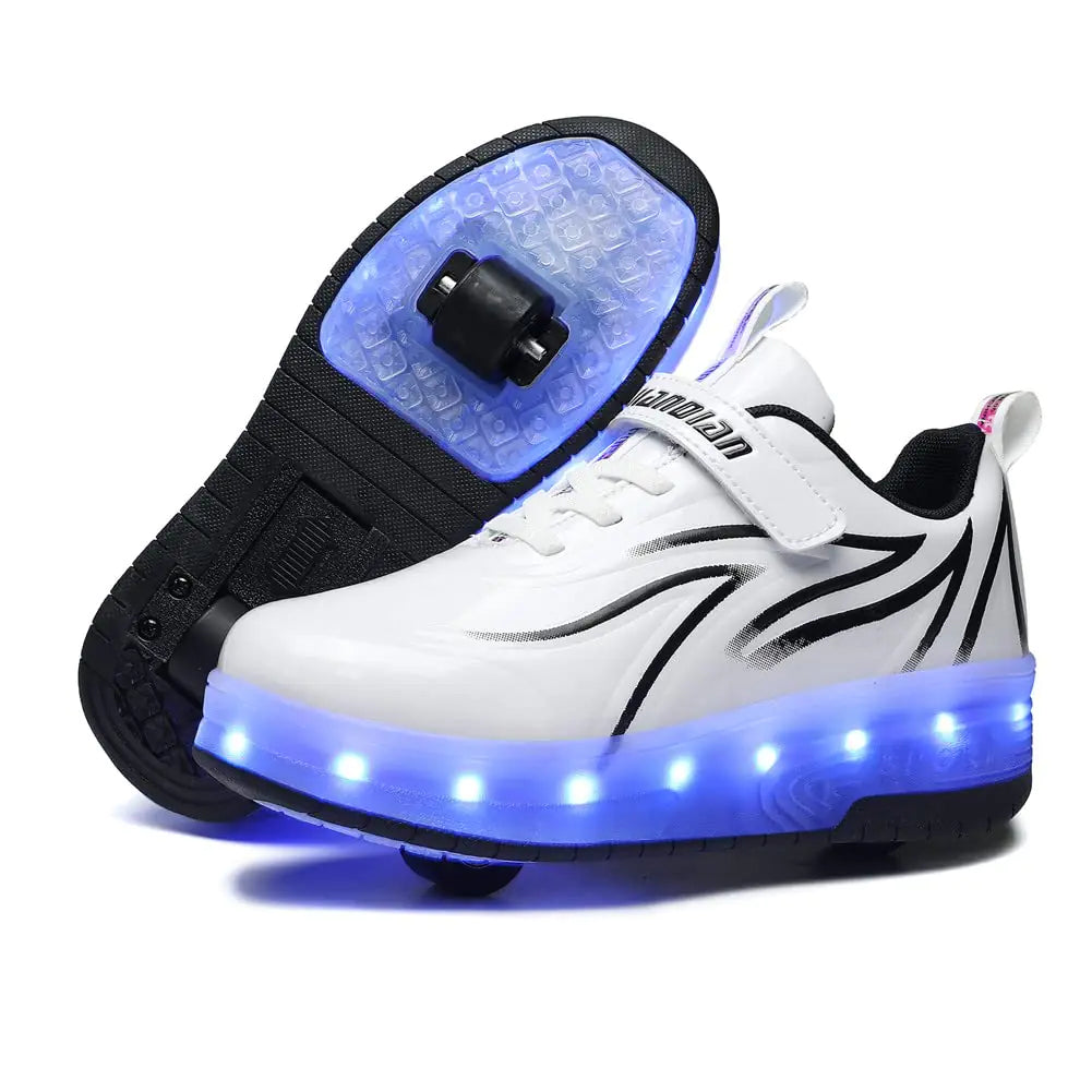 Qneic Roller Shoes USB Rechargeable Roller Skate Shoes Wheels Sneakers for Boys Girls Light Up Shoes Kids(4 Big Kid/EU36White/Black)