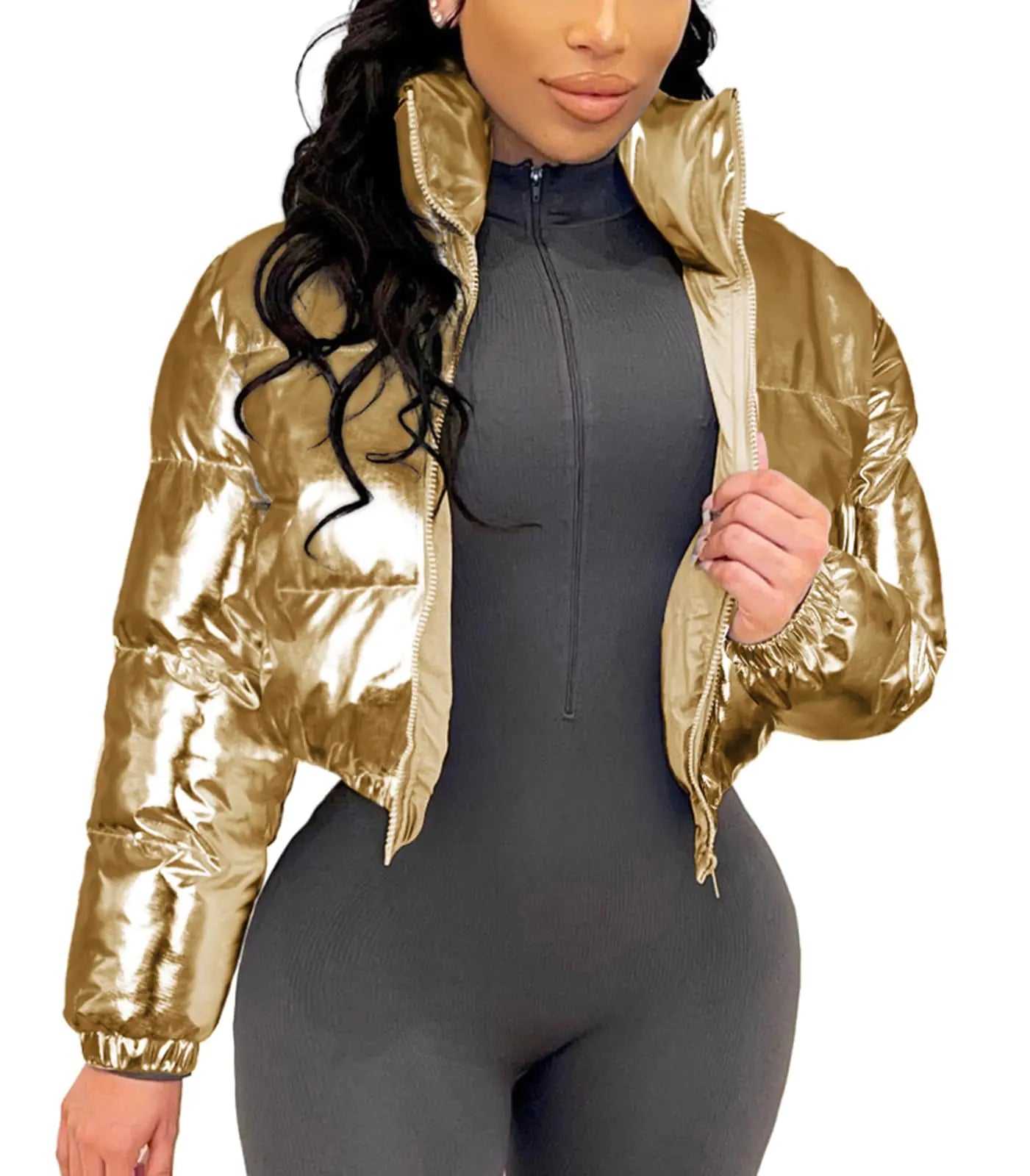 Angsuttc Packable Puffer Jacket Women Cropped Metallic Sparkle Zipper Warm Quilted Down Jackets Gold M