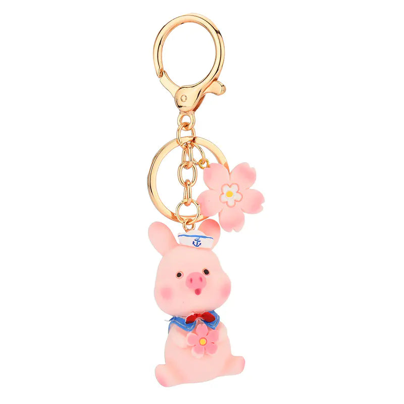 3D Cute Pink Pig Flower Keychain for School Bags
