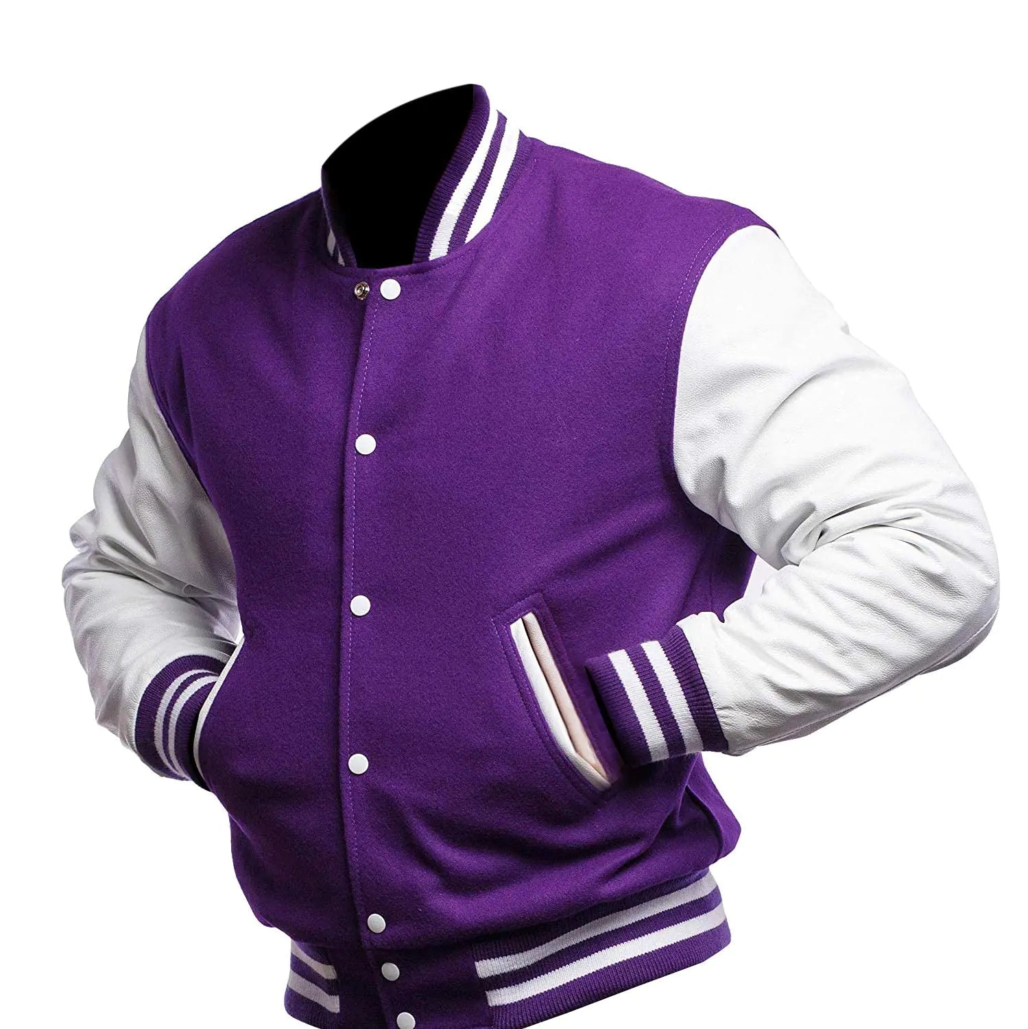 UGFashions Mens College Varsity Baseball Purple Wool White Faux Leather Sleeves Bomber Letterman Jacket