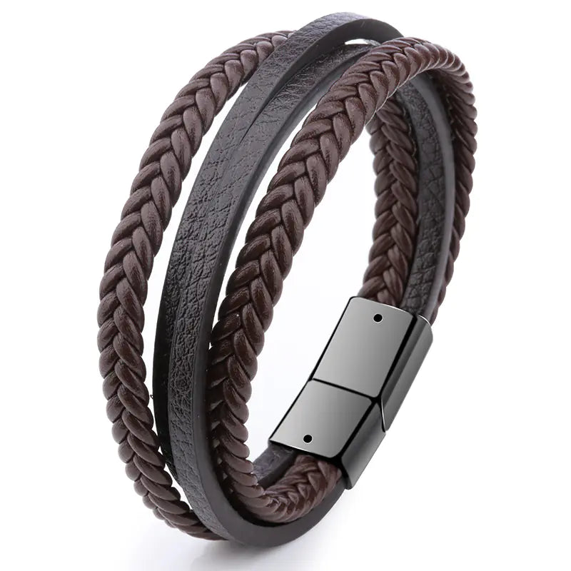 Men's Hand Braided Leather Bracelet with Magnetic Clasp