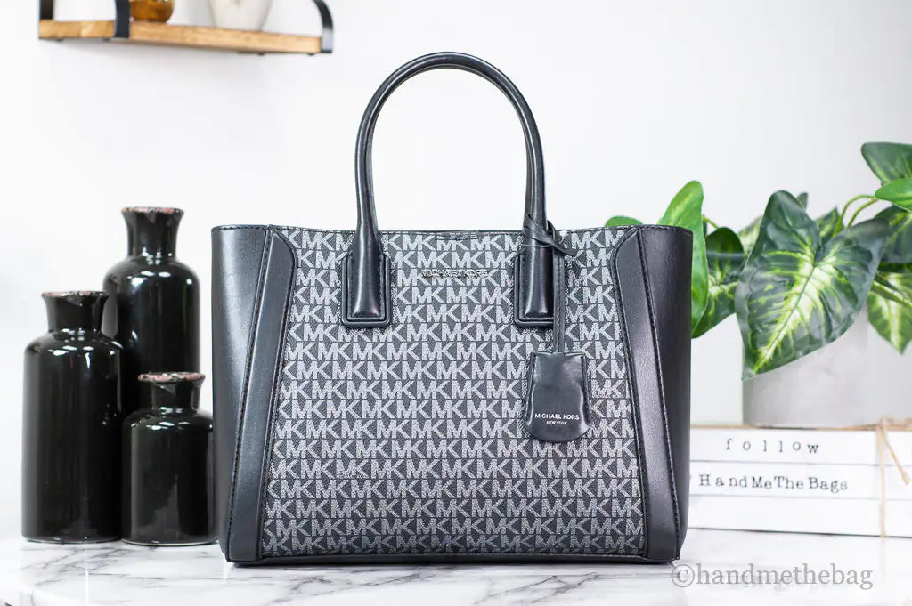 Michael Kors Kali Medium Black Silver Signature PVC Satchel iPad Case Handbag