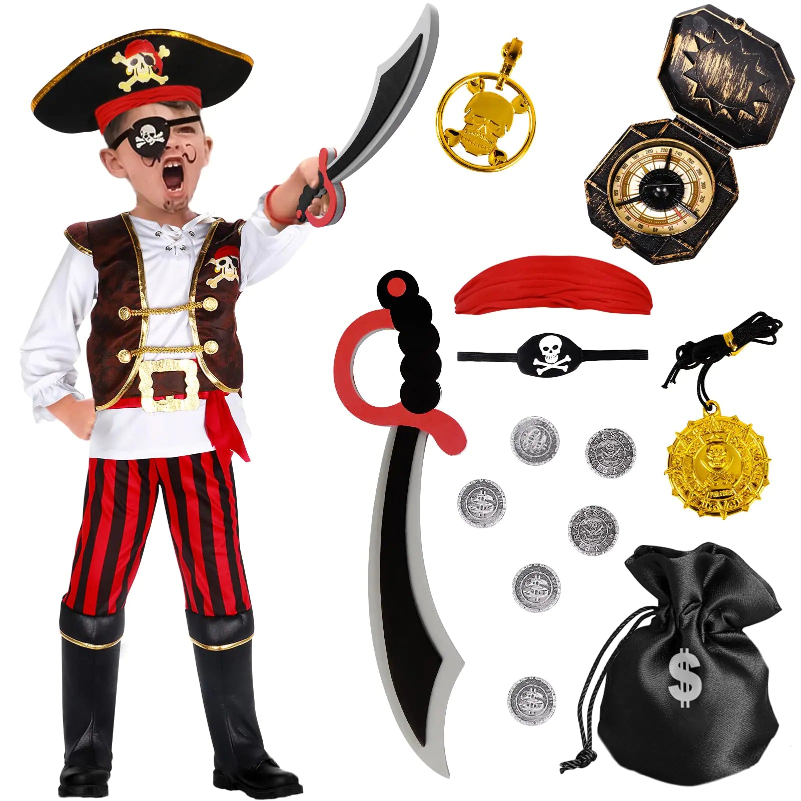 G.C Pirate Costume for Kids Pretend Role Play Dress Up Party Favors Deluxe Toys Gift Pirate Set for Children Toddler (3-4 Years)