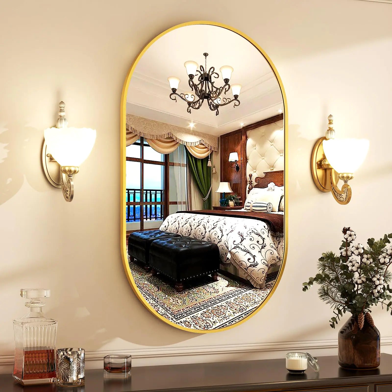 Fabuday Gold Bathroom Mirror for Over Sink Wall - 24x36 Rectangle Mirror with Golden Metal Frame Large Rounded Rectangular Vanity Mirrors for Bedroom Living Room Entryway Horizontally/Vertically
