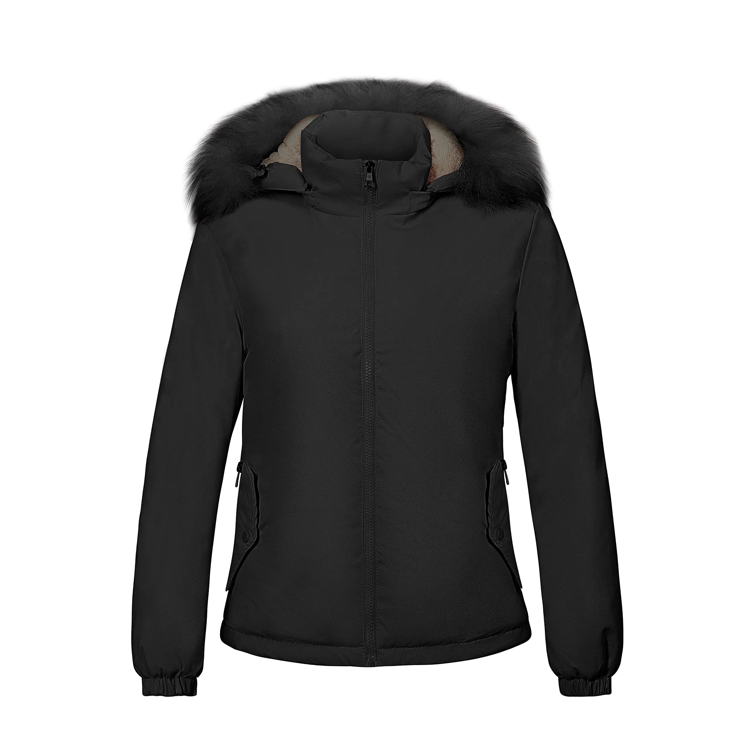 Maxbyc Womens Winter Waterproof Warm Short Puffer Jacket Parka With Removable Fur Hood Black XL