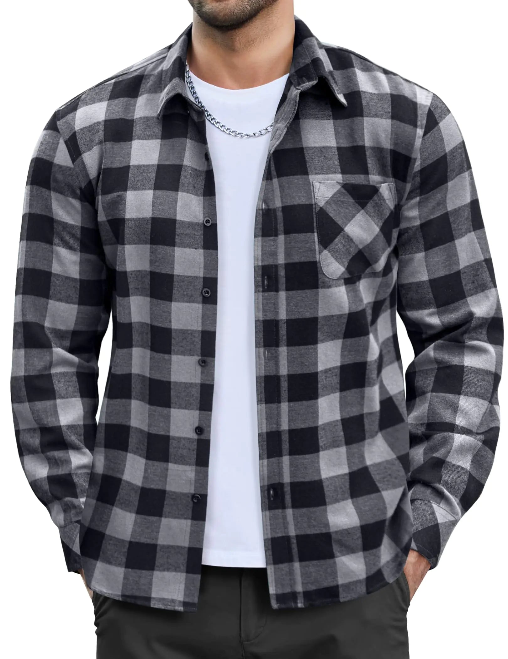COOFANDY Mens Flannel Plaid Shirt Long Sleeve Button Down Shirt Cotton Casual Lightweight Shirt Jacket