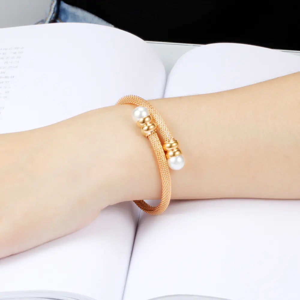 18K Gold Three-Color Pearl Titanium Steel Bracelet