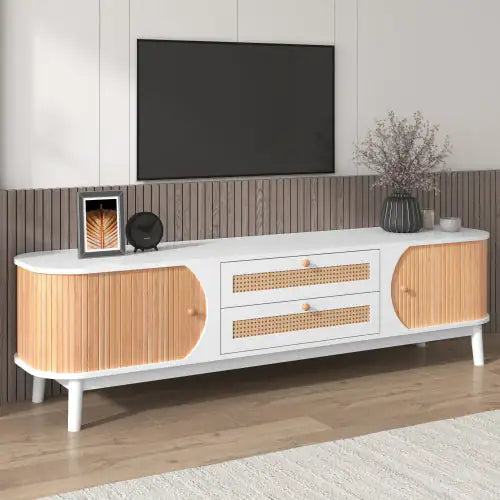 Rattan TV Stand For TVs Up To 75'', Modern Farmhouse Media Console, Entertainment Center With Solid Wood Legs, TV Cabinet For Living Room,Home Theatre