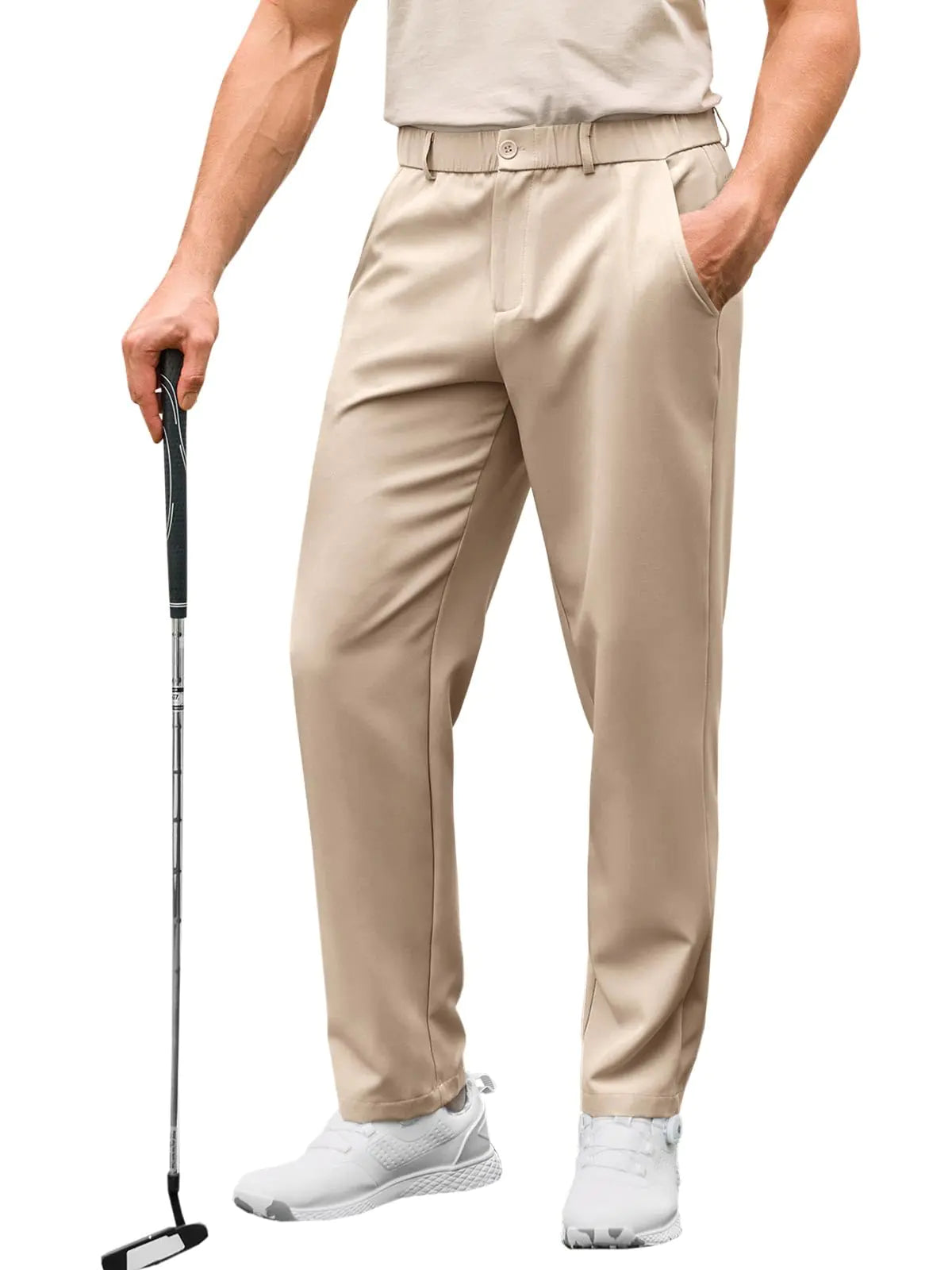 Runcati Mens Golf Pants Stretch Slim Fit Hiking Travel Sweatpants Flat-Front Dress Pants Apricot