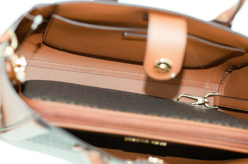 Michael Kors Kali Medium Brown Pale Gold Signature PVC Satchel iPad Case Handbag