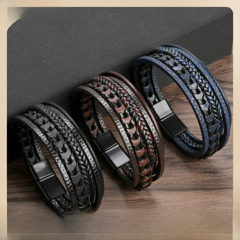 Men's Multi-Layer Leather Braided Bracelet with Magnetic Clasp