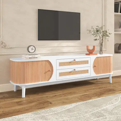 Rattan TV Stand For TVs Up To 75'', Modern Farmhouse Media Console, Entertainment Center With Solid Wood Legs, TV Cabinet For Living Room,Home Theatre