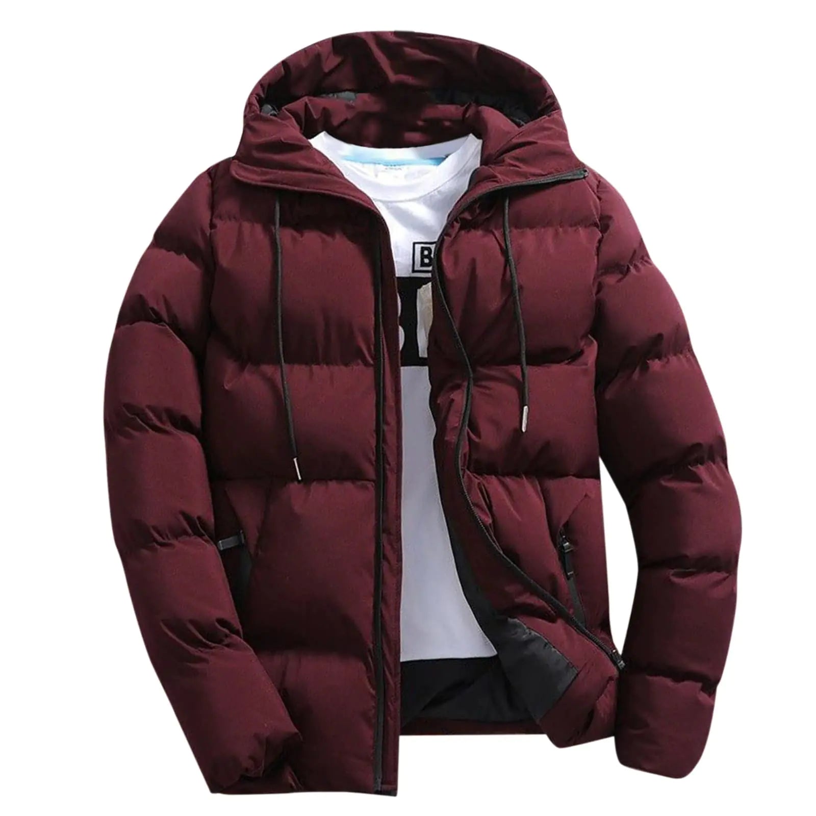 Men Puffer Jacket with Hood Lightweight Packable Quilted Hooded Bubble Down Jackets Winter Insulated Thick Outwear(Xa-WineXXL)