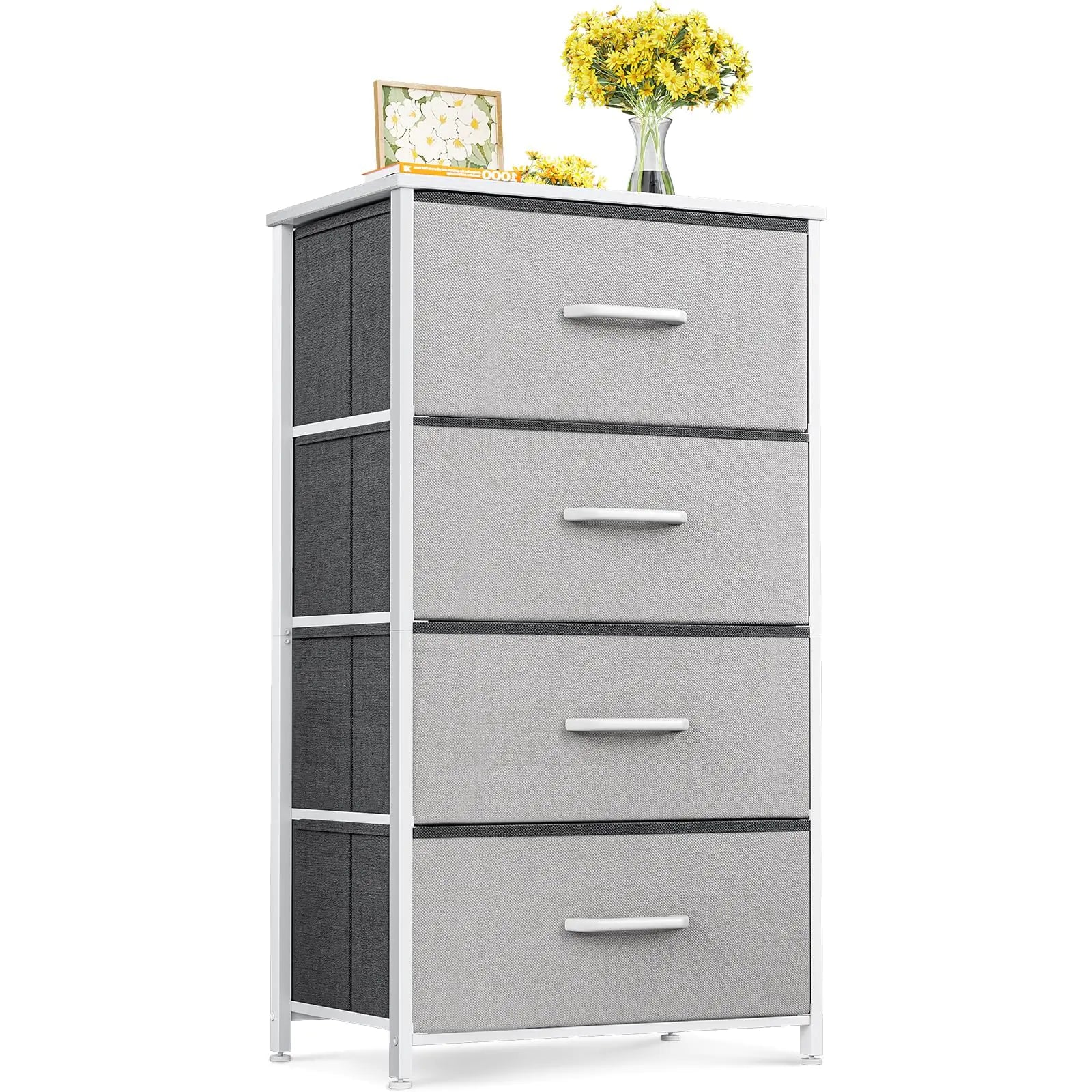 ODK Dresser for Bedroom with 4 Storage Drawers Small Dresser Chest of Drawers Fabric Dresser with Sturdy Steel Frame Dresser for Closet with Wood Top Light Grey