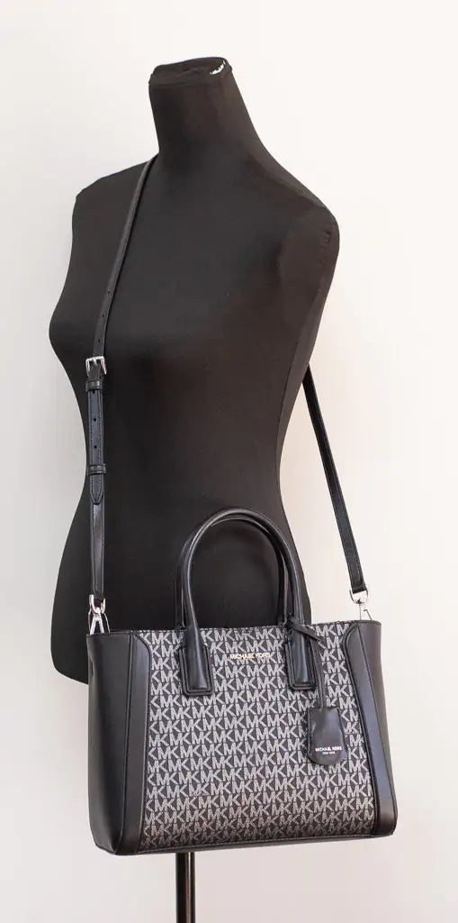 Michael Kors Kali Medium Black Silver Signature PVC Satchel iPad Case Handbag